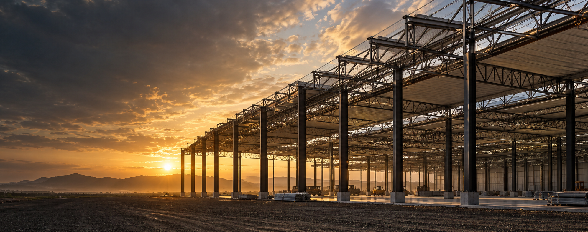 Estrutura metálica industrial de grande porte ao pôr do sol